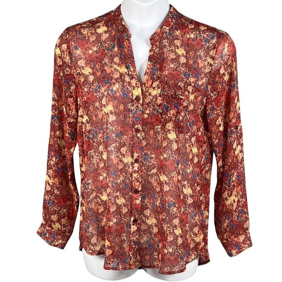 Kut From The Kloth Womens L Chiffon Sheer Floral Blouse Long Tab Sleeve Artsy - Picture 7 of 16